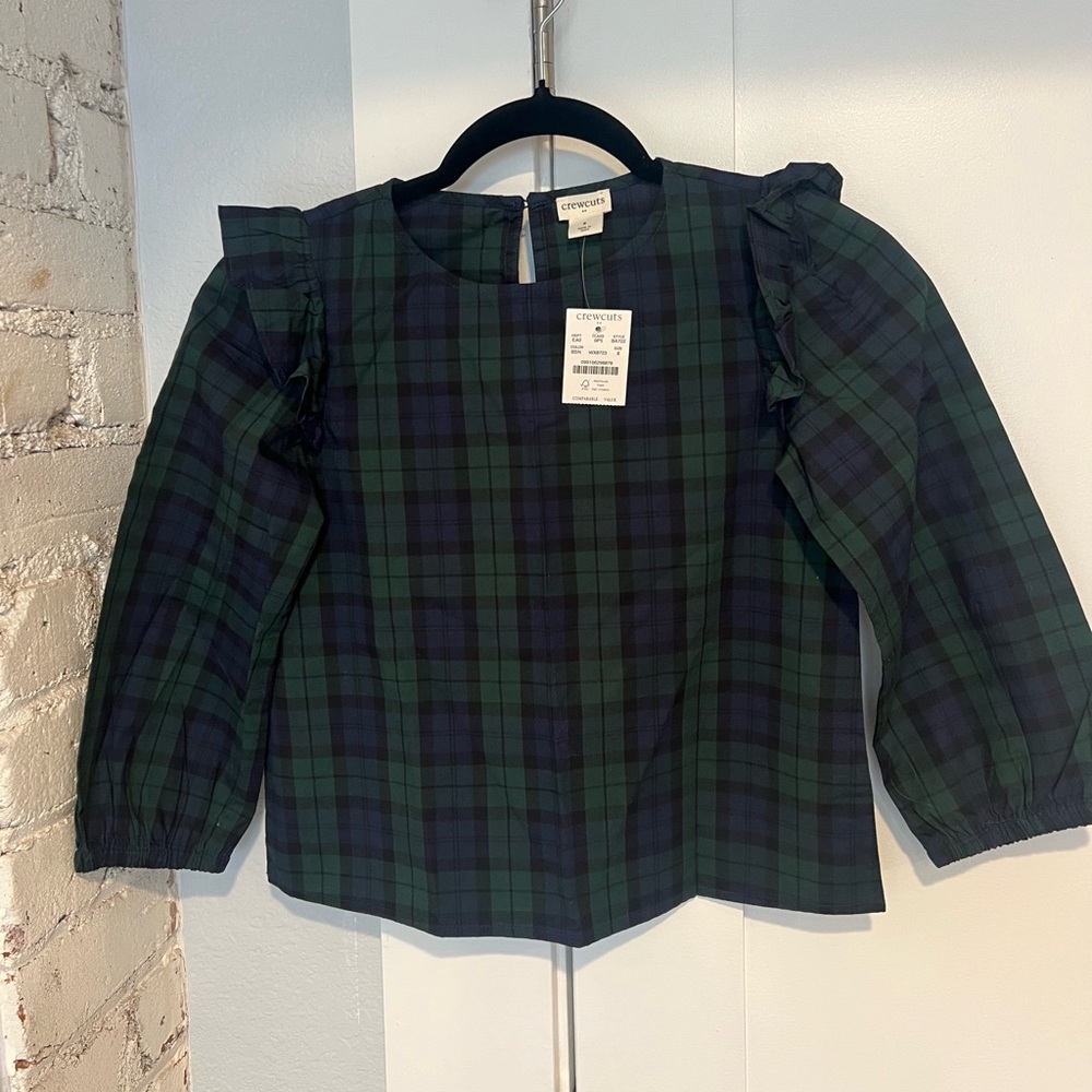 Girls’ Crewcuts Factory Outlet NWT cotton green/navy plaid dress shirt, size 8